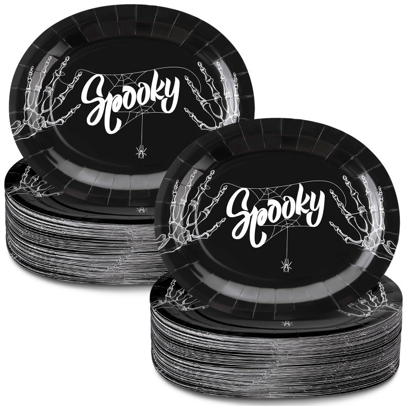 Suttmin 100 Pieces Halloween Skeleton Spooky Spider Paper Plates 10 x 12 Disposable Halloween Oval Paper Plates Heavy Duty Disposable Platters for Party Supplies